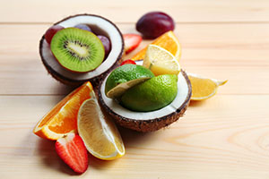 kiwi, coco, naranja, limón y fresa